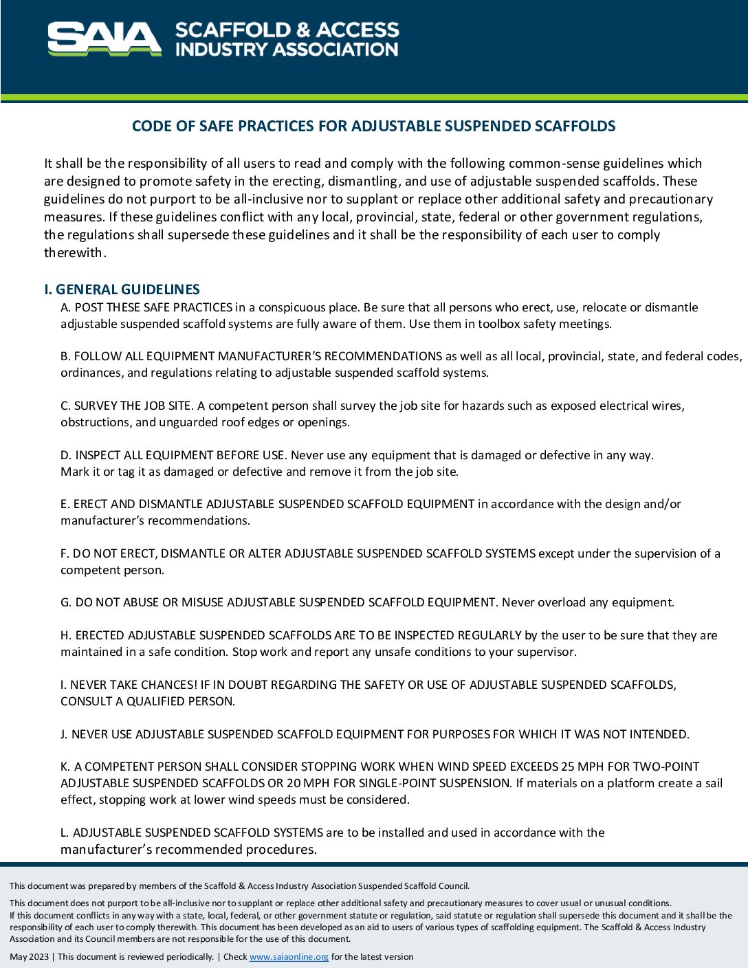 Code of Safe Practices - Adjustable Suspended Scaffolding