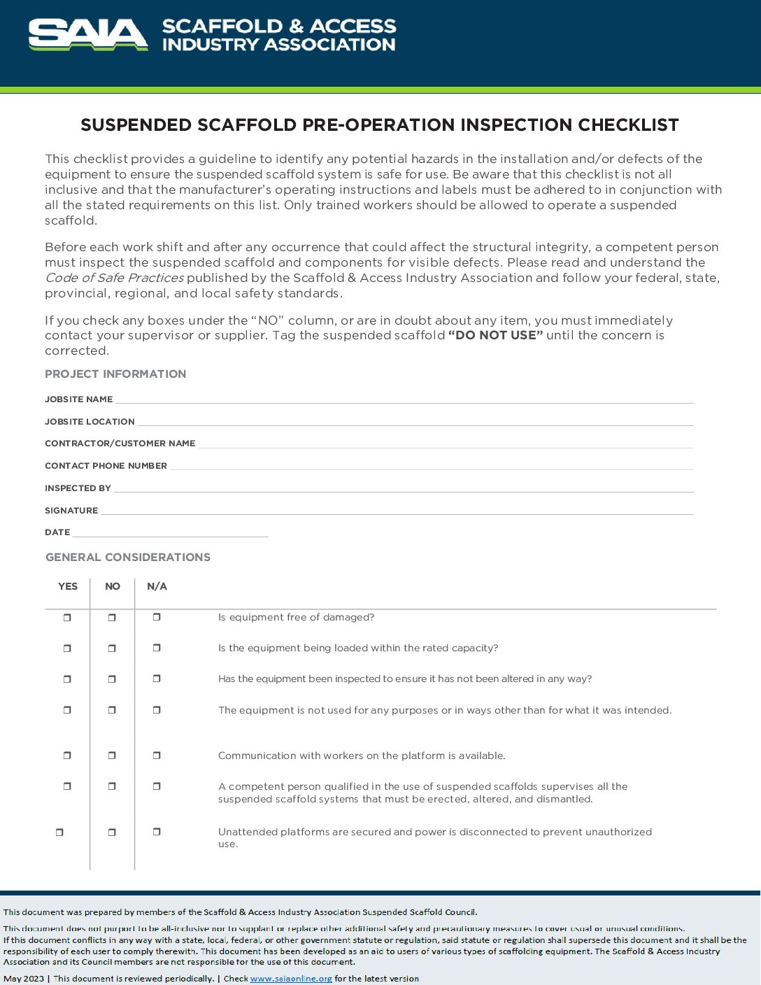 Inspection Checklist - Suspended Scaffold